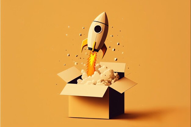 Rocket coming out of cardboard box, yellow background. Generative AI