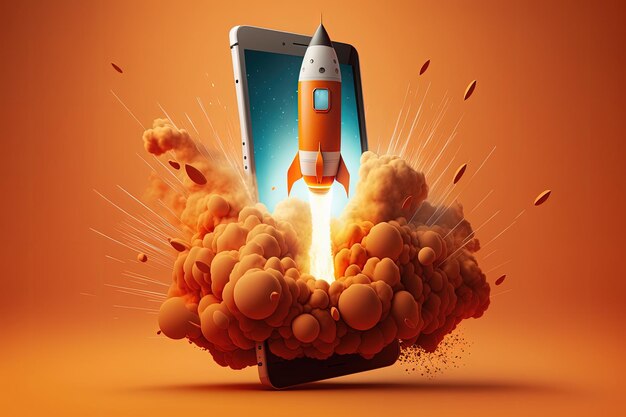 Rocket coming out of cell phone screen startup concept orange background Generative AI