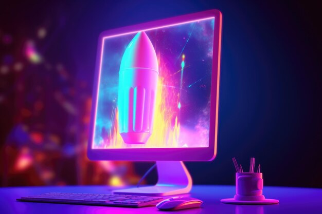 Photo rocket coming out of desktop computer screen neon light beautiful generative ai aig32