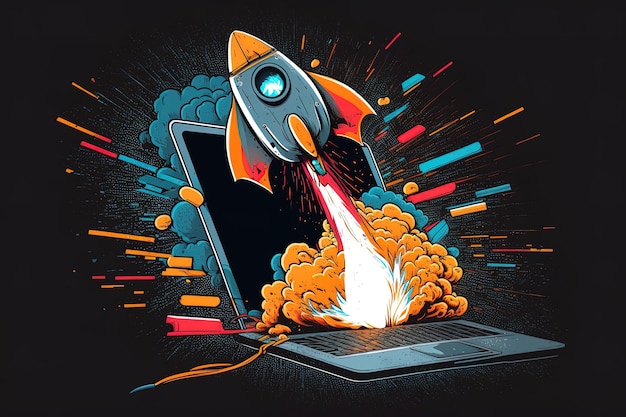 Rocket coming out of laptop screen black background AI digital illustration concept of ideas and start up Generative AI