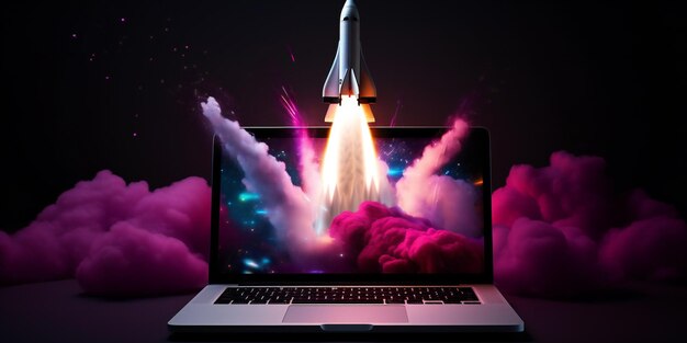 Rocket coming out of laptop screen black purple background startup concept