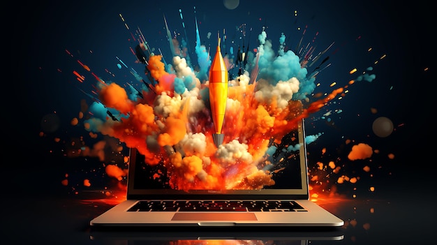 Rocket coming out of laptop screen blue background AI digital illustration