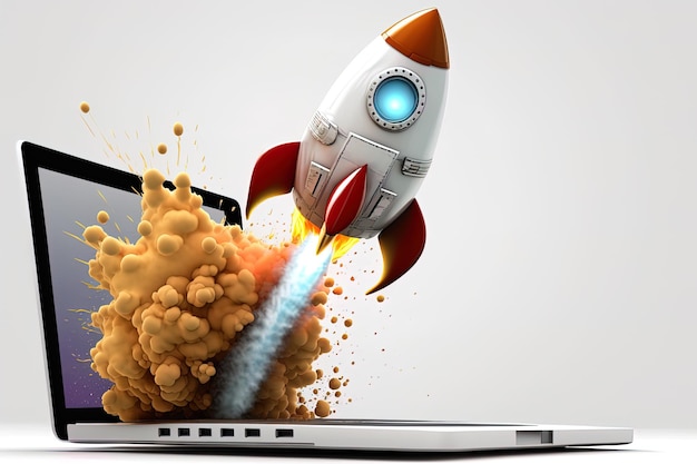 Rocket coming out of laptop screen white background AI digital illustration concept of ideas and start up Generative AI