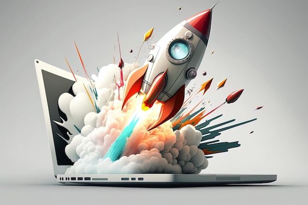 Rocket coming out of laptop screen white background AI digital illustration concept of ideas and start up Generative AI