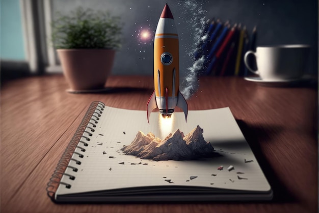 Rocket coming out of notebook on top of wooden table startup creation concept AI