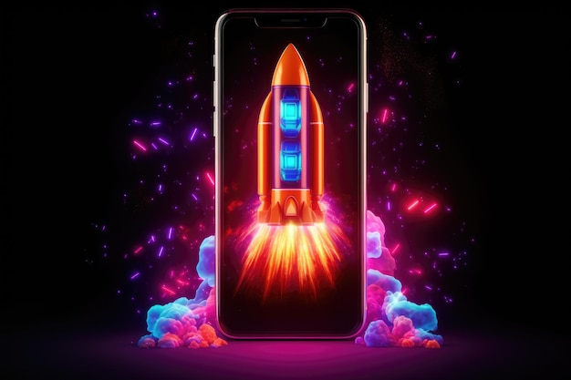 Rocket coming out of smartphone screen neon light beautiful Generative AI AIG32