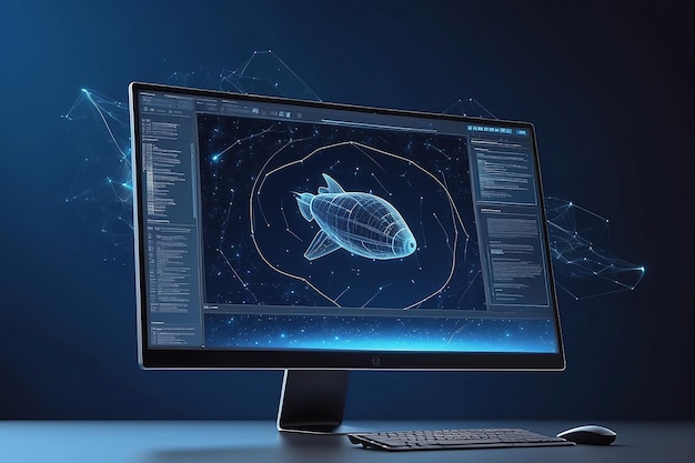 Rocket on computer monitor screen startup concept blue background Generative AI