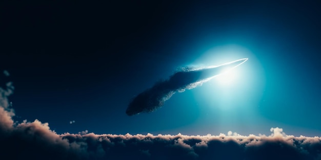 A rocket flies over clouds with the words " the word " on the bottom right "