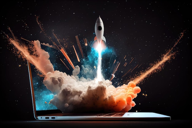 Rocket flies out of laptop screen and into space with stars shining in the background