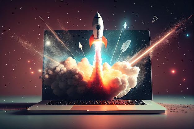 Rocket flies out of laptop screen and into space with stars shining in the background