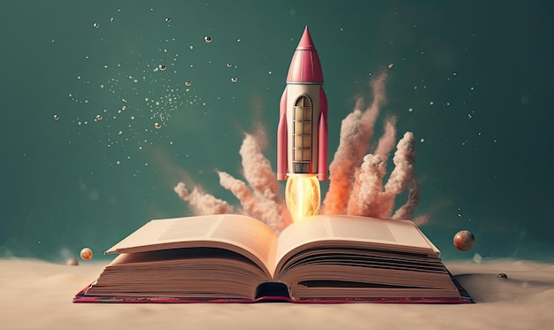 a rocket flies out of an open book