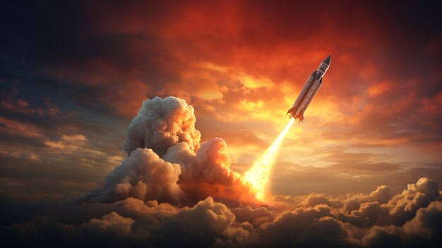 Photo rocket flies through the clouds at sunset