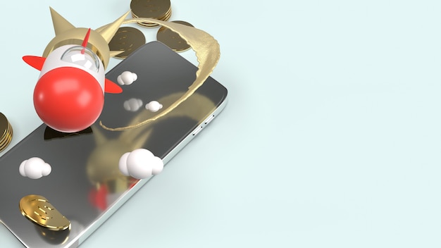 rocket fly on mobile phone 3d rendering for startup content.
