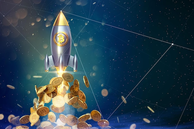 Rocket flying over bitcoin coins 3d rendering illustration