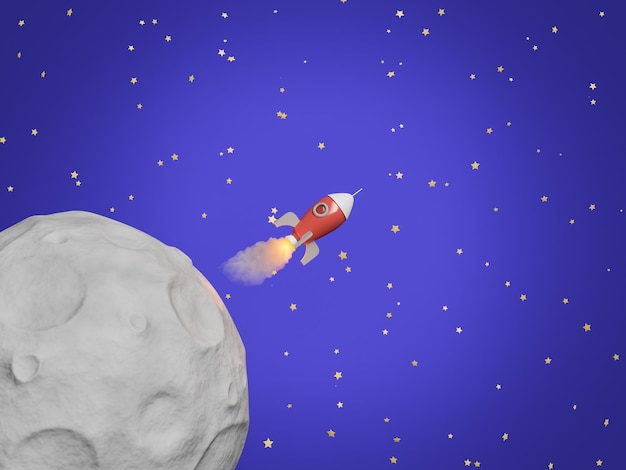 Photo rocket flying over the moon with stars background