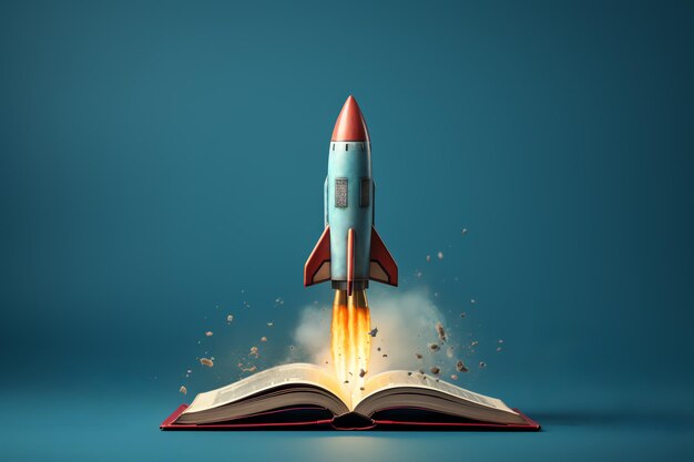 A rocket flying out of a book