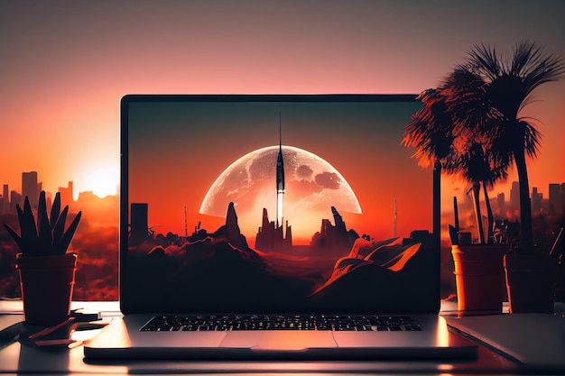 Rocket flying out of laptop screen with city in the background and sunset