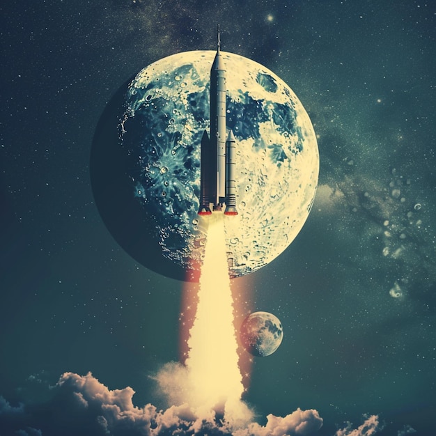 Photo a rocket flying over a planet with a rocket in the background