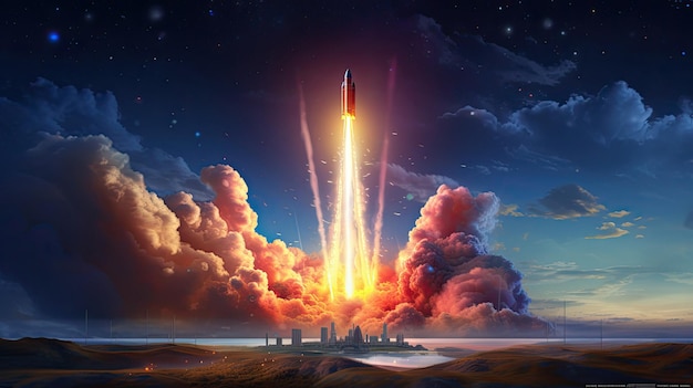 a rocket flying in space with a rocket in the sky