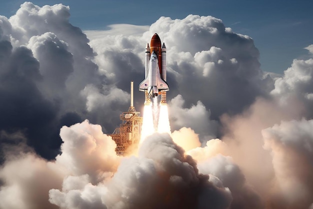 Foto un razzo che vola tra le nuvole con le parole space shuttle in fondo