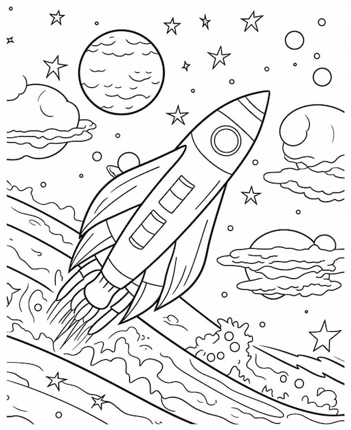 A rocket flying through space with stars and planets in the background.