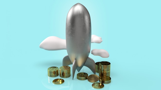 Rocket and gold coins, 3D rendering