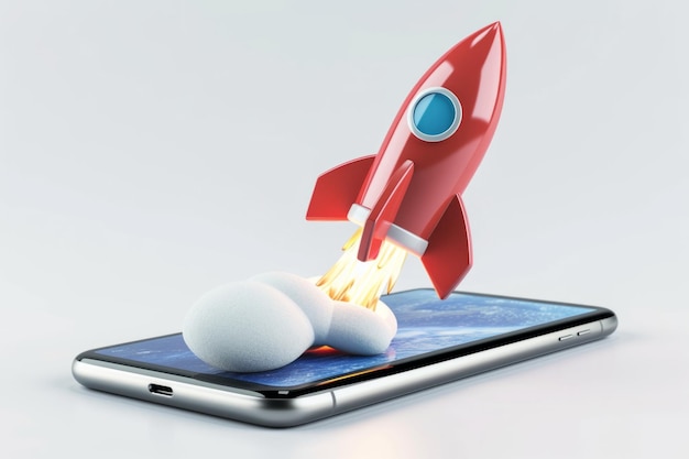 Photo rocket icon on cell phone screen white