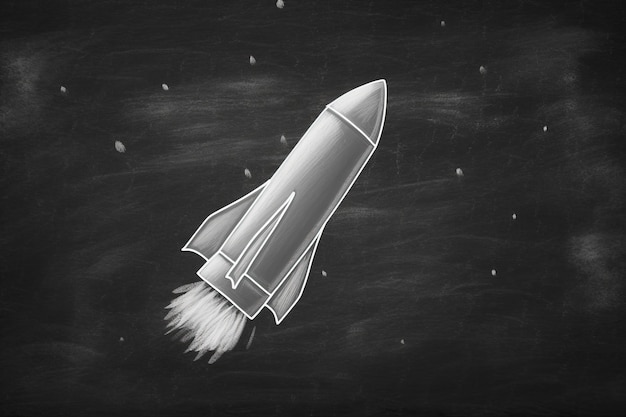 Foto rocket illustratie getekend met wit krijt op blackboard leren en opstarten generatieve ai