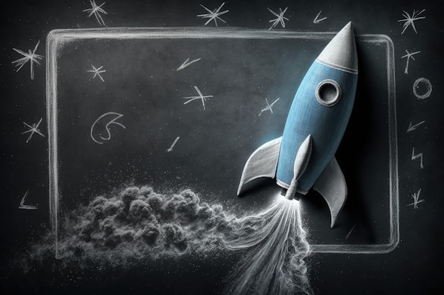 Rocket illustration on blackboard startup concept Generative AI