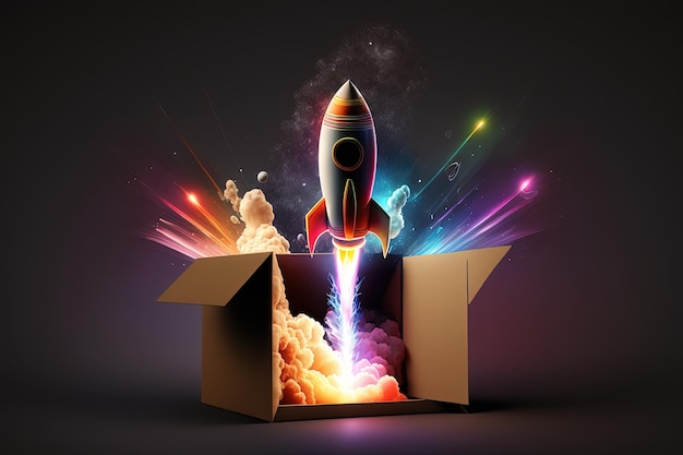 Rocket illustration taking off from a cardboard box black background colorful Generative AI