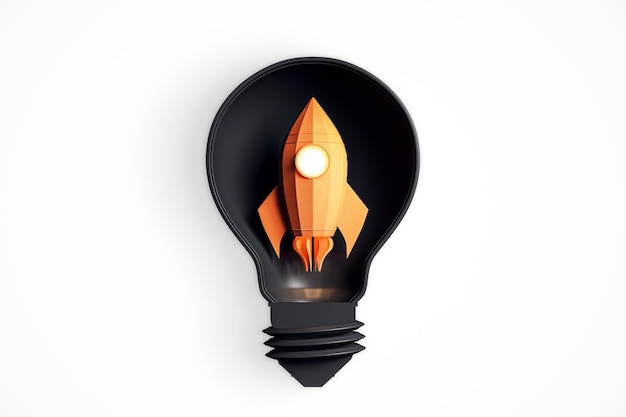 Rocket in een gloeilamp die innovatie en creativiteit symboliseert 3D-rendering