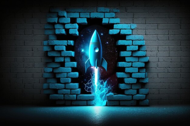 A rocket is coming out of a brick wall with a lightning bolt on it.