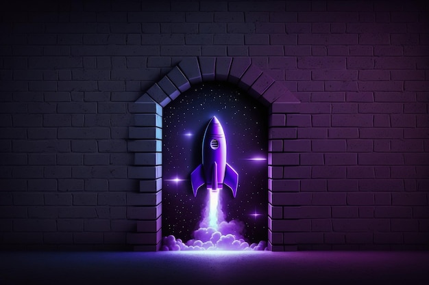 A rocket is coming out of a brick wall.