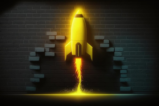 A rocket is coming out of a brick wall.