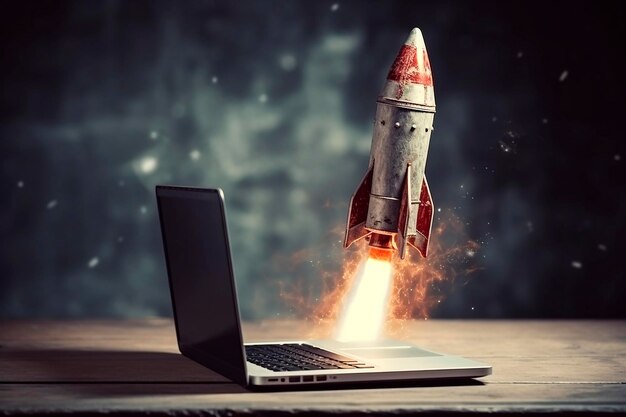 A rocket is coming out of a laptop with a black background and the word rocket on it.