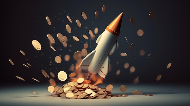 A rocket is depicted flying upwards with coins falling out of it