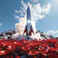 Photo a rocket is flying in a space station with a bunch of red flowers