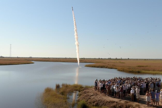 Photo a rocket is launched into the sky above a body of water