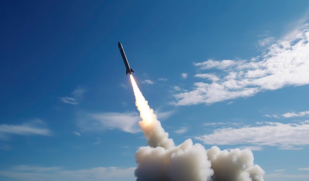 A rocket is launched into the sky with a cloud in the background.