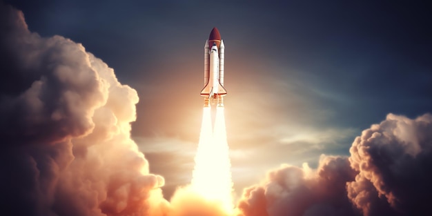 The rocket is launched into space Rocket space ship Copy space for text or mockup