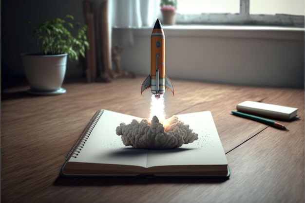 Rocket komt uit een notebook op een houten tafel. Start-up creatie concept AI.