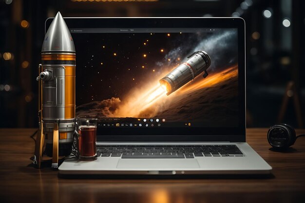 Rocket komt uit laptop scherm innovatie en creativiteit concept achtergrond