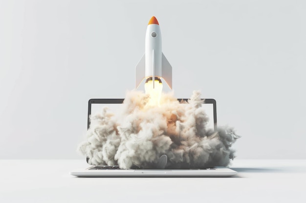 Foto rocket komt uit laptop witte mockup scherm