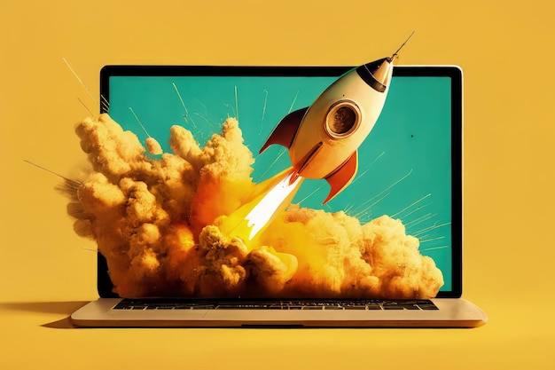Rocket and laptop on yellow background startup concept Digital illustration AI