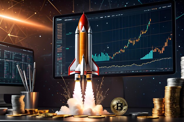 A rocket launch against the backdrop of cryptocurrency charts Concept idea for launching a token