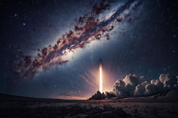 Rocket launch against starfilled night sky with stars visible