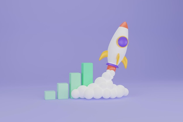 Rocket launch above bar chart growing income startup business Toy rocket upswing spewing smoke Startup space business concept Cartoon minimal style 3d rendering