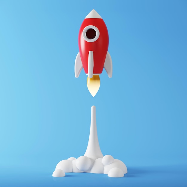 Rocket launch on a blue background. Launching a business product to the market. 3D rendering.