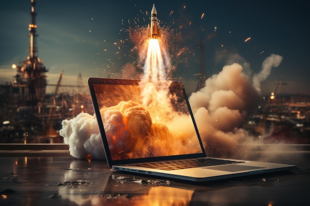 Rocket launch coming out from laptop new business start up concept