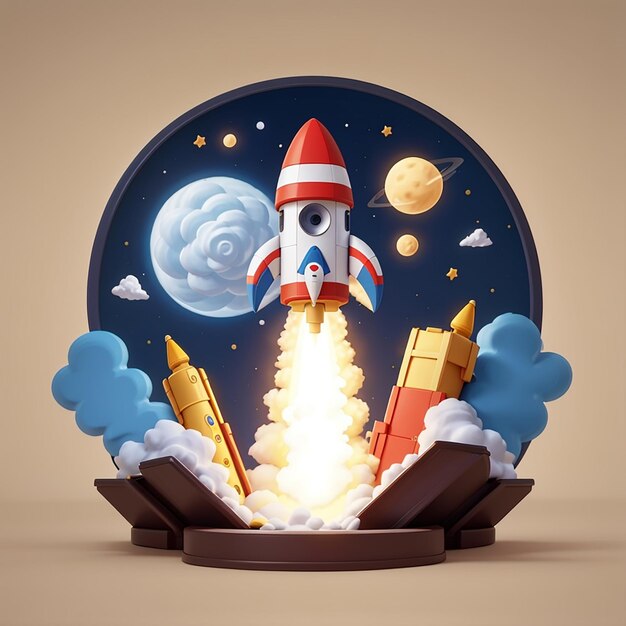 Rocket launch from box cartoon icon illustration business technology icon concept